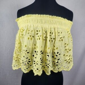 FP One Size Medium Feminine Soft‎ Yellow Off-The-Shoulder Eyelet Lace ElasticTop
